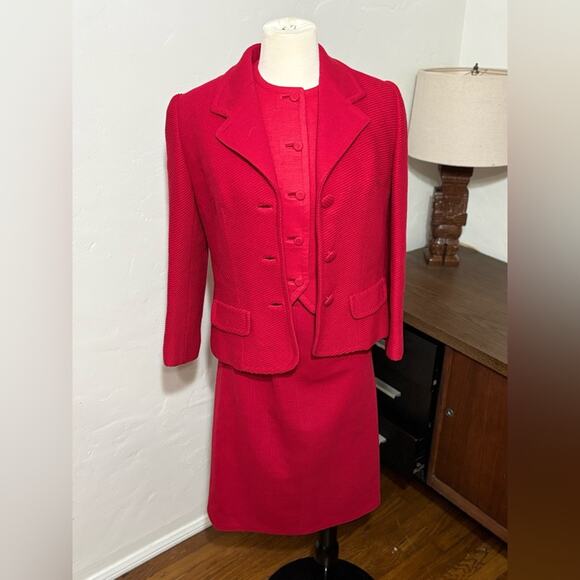 Incredible Vintage Lilli Anne Knit London 3 Piece Skirt Suit Red 60s Mod MCM - Picture 5 of 13